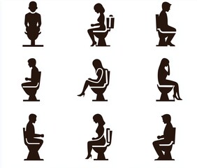 A set of icons for men and women using the same style, vector graphic design, white background, simple shapes, black on white background, bathroom signs or signage, 