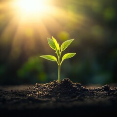 New life sprouting from soil, bathed in sunlight