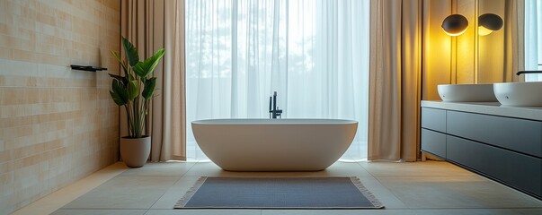 A spacious bathroom with beige tiles, a white bathtub, and a gray mat on the floor