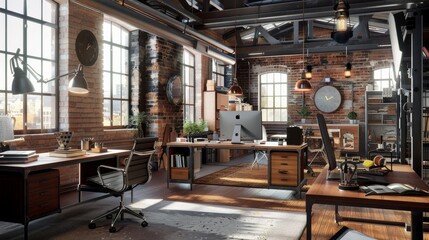 Sunlit Industrial Loft Office Interior with Exposed Brick and Wooden Beams