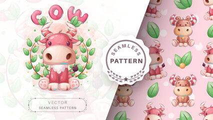 Seamless pattern cartoon character adorable cow, pretty animal idea for print t-shirt, poster and kids envelope, postcard. Cute hand drawn style ox.