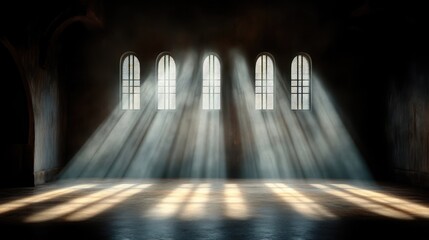 Sunlight streams into a dark interior space through arched windows