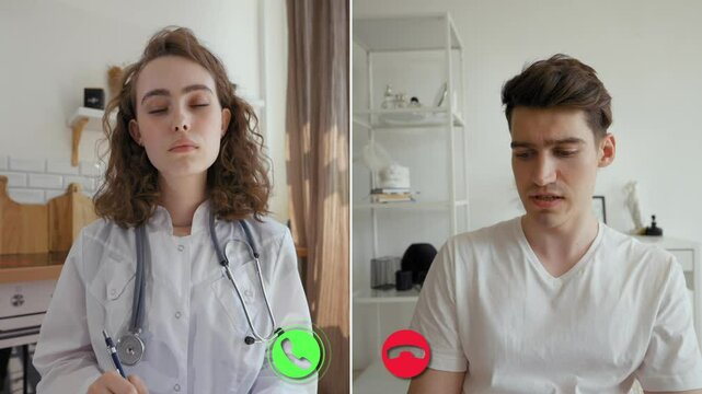 Two individuals engage in a teleconference. The doctor appears in a medical setting, while the patient is in a casual home environment. They discuss healthcare concerns and advice.