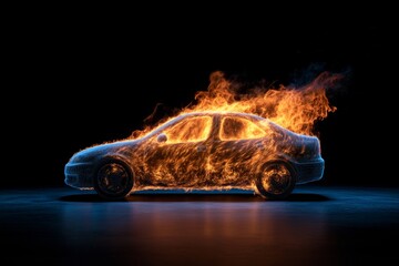A car engine bursting into flames, captured in slow-motion for a dramatic effect