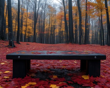 Empty park bench in autumn forest. - Powered by Adobe