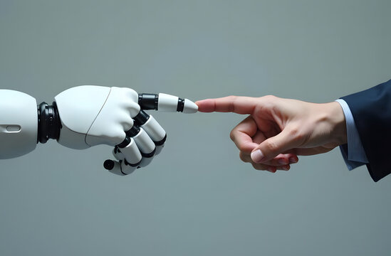An artificial intelligence hand and a human hand are trying to touch each other, isolated on a white background. It's a combination of technology and humanity, a connection between a human and a robot