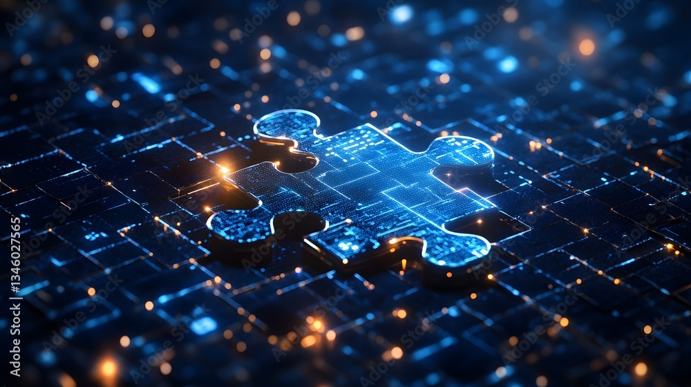 Poster Glowing puzzle piece completing digital circuit board symbolizing solution