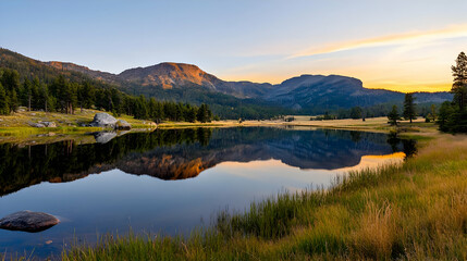 Obraz premium Reflective Lake Landscape with Mountain Background and Golden Sunset Lighting across the Horizon