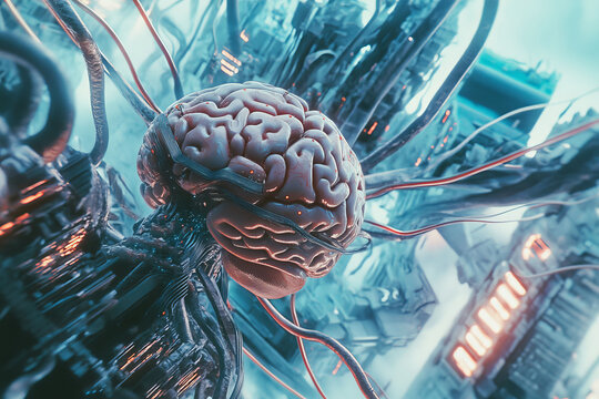 Futuristic brain connected with wires and cables, advanced AI technology and the future of innovation. For themes of artificial intelligence, neural networks, and cutting-edge tech concepts.