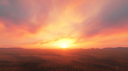 Obraz premium Fiery Sunset Over Serene Plains: A Breathtaking Panorama