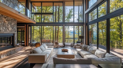 Obraz premium Stunning modern living room with nature integration and expansive view
