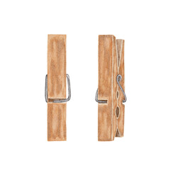 Watercolor illustration of two wooden clothespins with a metal spring. image is associated with everyday life, handicrafts, naturalness. for printing on postcards, packaging, for social networks