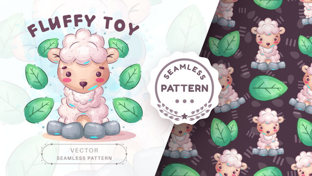 Seamless pattern cartoon character adorable lamb, pretty animal idea for print t-shirt, poster and kids envelope, postcard. Cute hand drawn style sheep