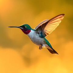 Fototapeta premium A hummingbird in flight, bathed in warm, golden volumetric lighting