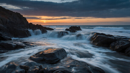 Obraz premium A mesmerizing sunset over the coast. Waves crash onto rocky shores as the sky transitions from day to dusk, creating a serene yet dramatic seascape.