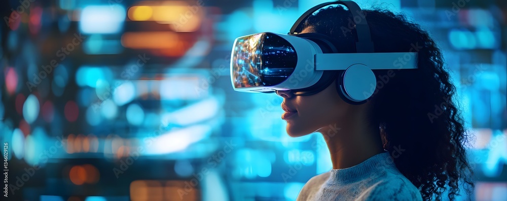 Aufkleber Software engineer wearing virtual reality headset working with big data and neural network visualization