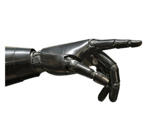 A futuristic robotic hand pointing with its index finger, symbolizing technology, AI, and innovation. Sleek mechanical design, ideal for digital interaction, automation, and sci-fi concepts.