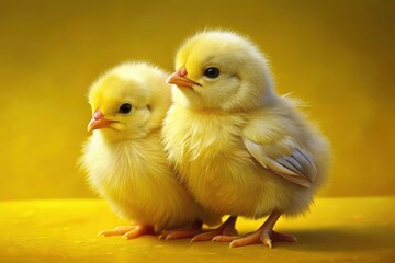 Fototapeta premium Cute Fluffy Chicks Yellow Background High Depth of Field - Adorable Baby Birds Photography