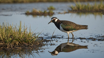 Fototapeta premium A Northern lapwing is captured delicately wading through the tranquil shallow waters of a wetland, its reflection mirrored perfectly on the water's surface