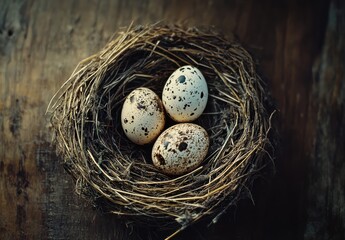 Obraz premium Close-Up View of Three Speckled Eggs Nestled in a Natural Twigs Nest on a Rustic Wooden Surface