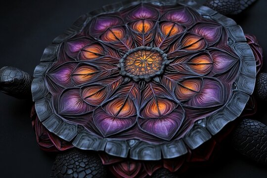 A close-up of a turtle shell, showing intricate patterns and textures in stunning detail