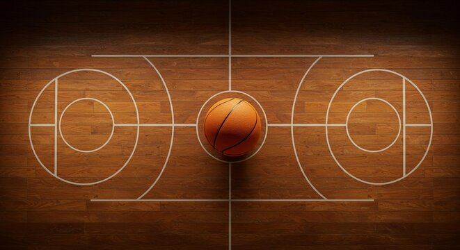 Basketball on Hardwood Court Center Circle Overhead View Sport Game Background