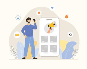 Mobile marketing. Promotion, advertising, social media campaign, digital marketing for attraction clients. Flat vector illustration.