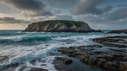 A scenic view of a rocky cliff surrounded by ocean waves crashing under a cloudy sky. The intricate rock formations and the dynamic movement of the waves