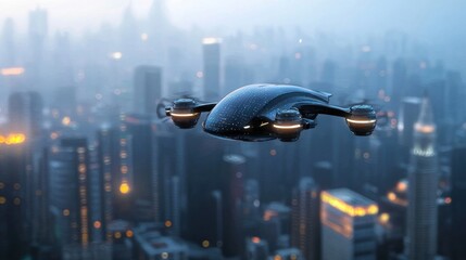 Fototapeta premium Futuristic Drone Soaring Over a Cityscape at Dusk