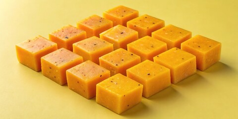 Cubes of ripe mango arranged in a geometric pattern, on a sunny yellow background.