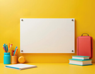 Creative Workplace Setup with Stationery, Books, and Blank White Board