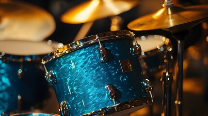 Obraz premium Blue drum set glimmering under stage lights in empty concert hall