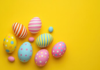 Fototapeta premium Colorful and Playful Easter Eggs on a Vibrant Yellow Background Perfect for Celebrating Spring Festivals and Family Gatherings in Various Crafts and Projects
