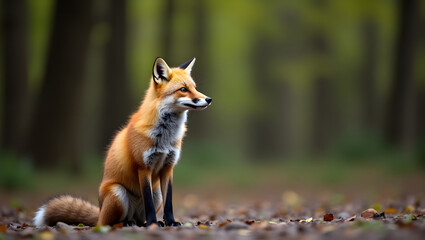 Fototapeta premium A young red fox sits attentively in the woods its ears perked up as it observes its surroundings