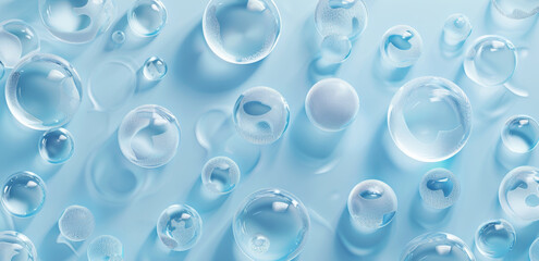 Blue water droplets on an abstract background, freshness and hydration. Perfect for natural cosmetics, skincare, and wellness themes.