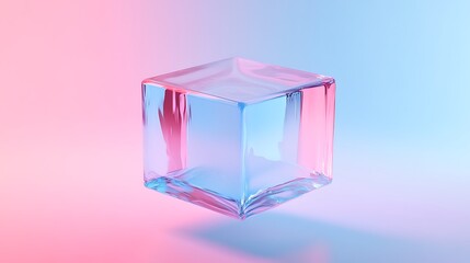 A translucent glass cube floats serenely against a dreamy pastel pink and blue backdrop, showcasing its ethereal beauty and captivating light refraction.