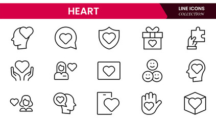 Fototapeta premium Heart, love, care, help, charity, and donation outline icons are set isolated on a white background in a flat vector illustration.