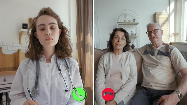 Two individuals engage in a professional online consultation with a doctor. The doctor appears focused while discussing health matters, illustrating modern virtual healthcare practices.