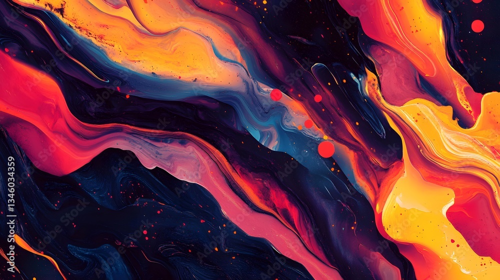 Poster colorful abstract painting background with mixing colors and red dots
