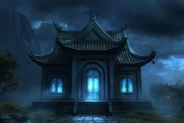 Fototapeta premium A dark and gothic reimagining of the Golden Pavilion, with storm clouds, eerie fog, and an ominous atmosphere