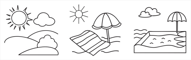 Summer-themed line art featuring sun, clouds, and beach elements.