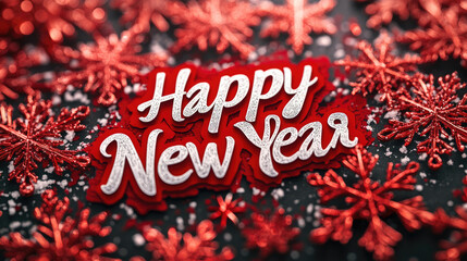 Festive New Year greeting on a red background with decorative snowflakes, pine cones, and glitter elements. White Happy New Year text in the center. Holiday composition, flat lay, copy space.