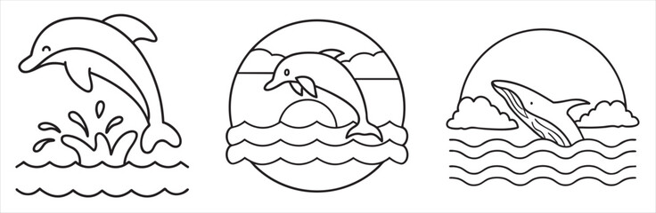 Colorful dolphin illustrations with waves in a circular design.