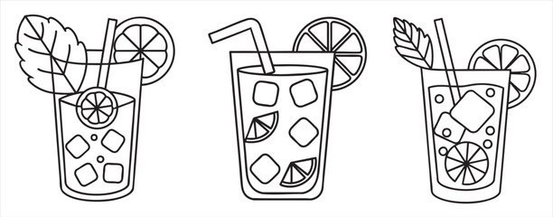 Three illustrated drinks with garnishes and straws in clear glasses.