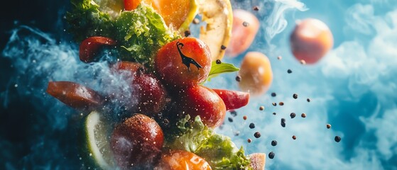 Low-angle view of vibrant culinary creations, surreal flavors spinning in the air, evoking utopian dreams