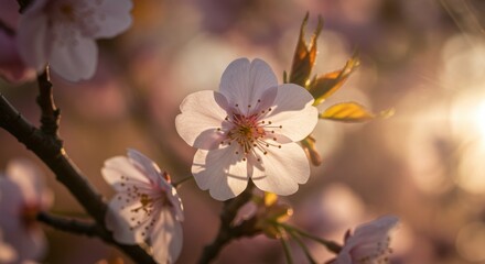 Serene Sunset: Delicate Cherry Blossom in Golden Hour Light