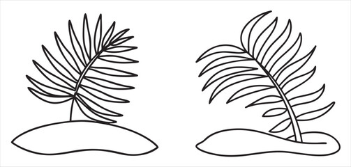 Minimalist line drawing of palm trees on a sandy base.