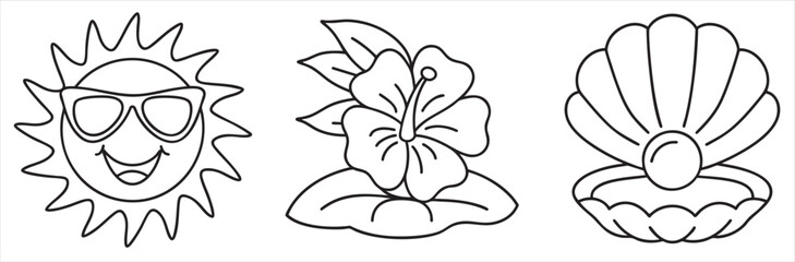 Fototapeta premium Smiling sun, tropical flower, and shell illustration for coloring.