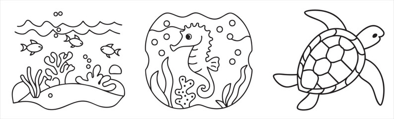 Underwater coloring illustration featuring fish, seahorse, and turtle.