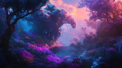 Panoramic view of an ethereal forest, vibrant colors dancing in surreal light, dreams and imagination collide